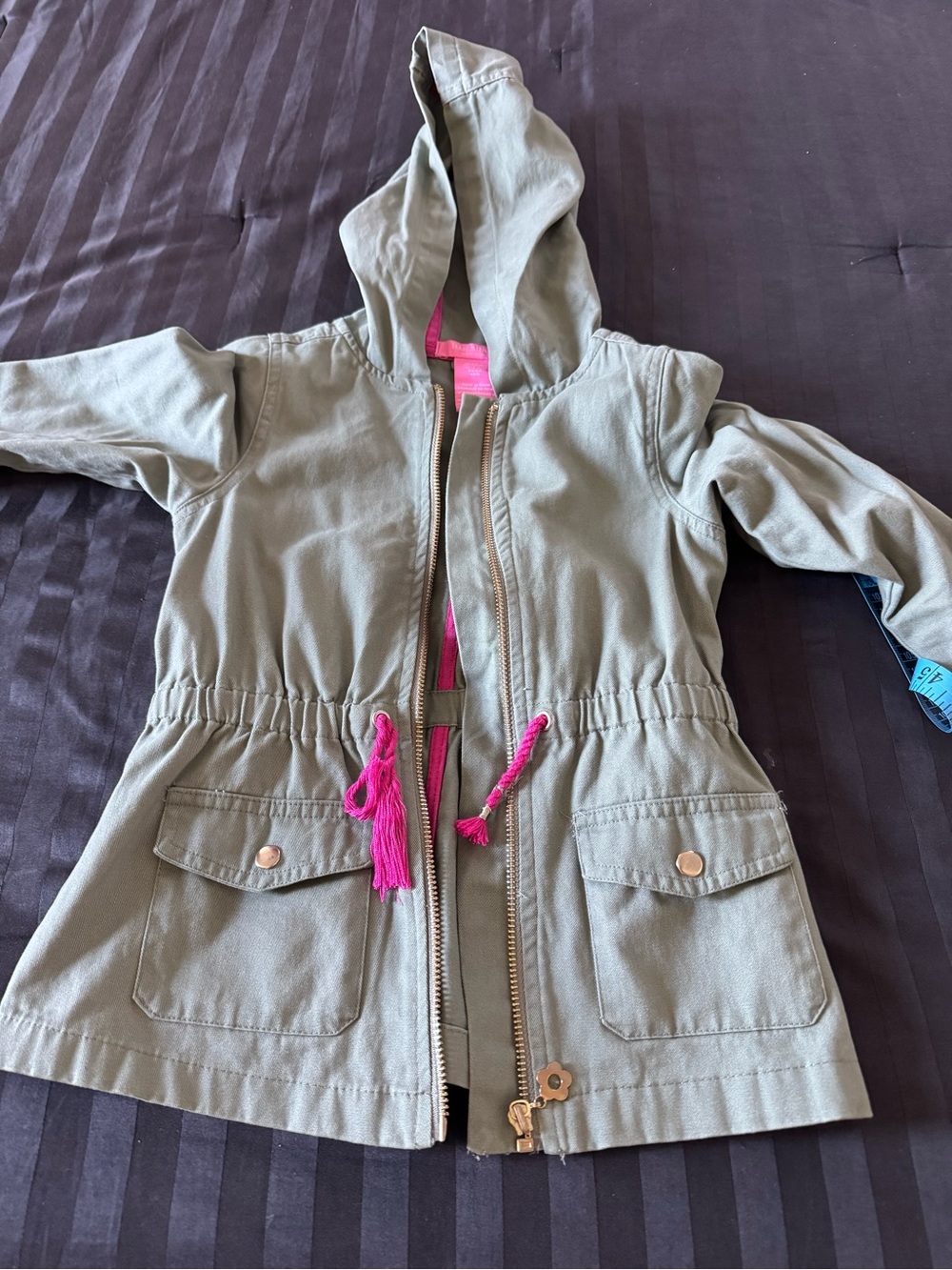 Isaac Mizrahi Olive Green Hooded Raincoat with Hot Pink Drawstrings